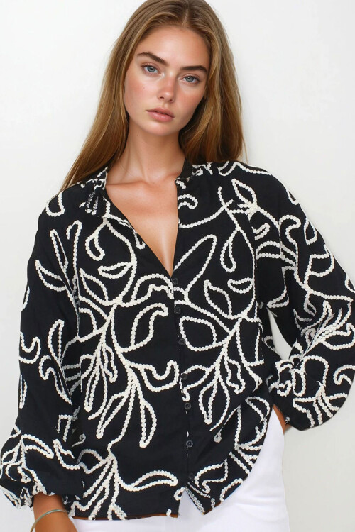 Siyah Kordone Nakışlı Premium Dokuma Gömlek BCHESQ-251149