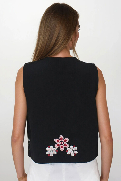 Siyah Nakışlı Bağcık Detaylı Tasarım Ham Keten Yelek BCHESQ-251144