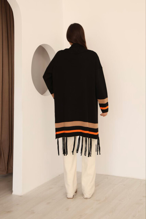 Siyah Püsküllü Renk Bloklu Uzun Triko Hırka BCES-253002