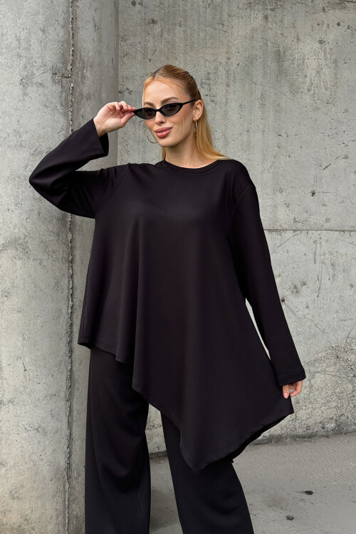 Siyah Rahat Kalıp Asimetrik Bluz Ve Pantolon Modal Kumaş Alt Üst Takım BCVL-25V231