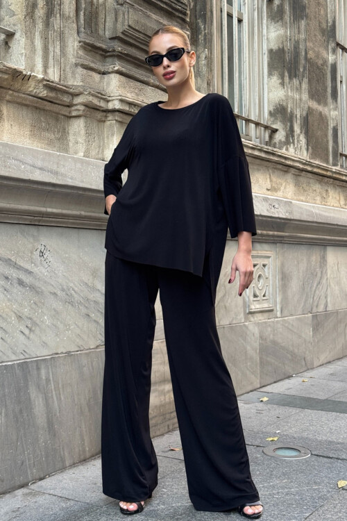Siyah Rahat Kalıp Bisiklet Yaka Bluz Ve Salaş Pantolon Modal Kumaş Alt Üst Takım BCVL-25V233
