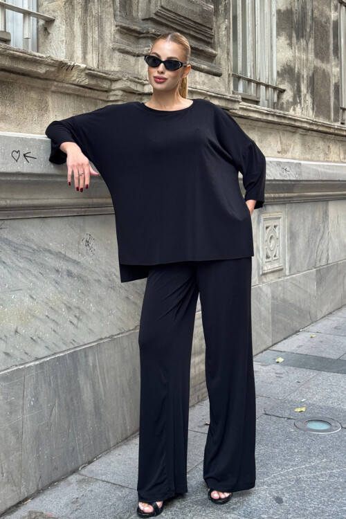 Siyah Rahat Kalıp Bisiklet Yaka Bluz Ve Salaş Pantolon Modal Kumaş Alt Üst Takım BCVL-25V233
