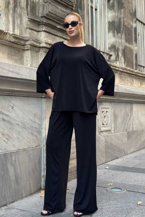 Siyah Rahat Kalıp Bisiklet Yaka Bluz Ve Salaş Pantolon Modal Kumaş Alt Üst Takım BCVL-25V233