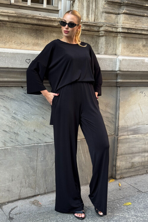 Siyah Rahat Kalıp Bisiklet Yaka Bluz Ve Salaş Pantolon Modal Kumaş Alt Üst Takım BCVL-25V233