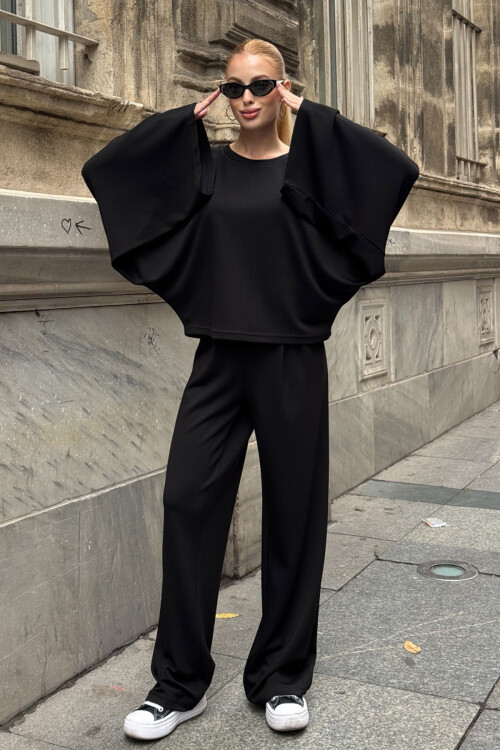 Siyah Rahat Kalıp Yarasa Kol Bluz Ve Salaş Pantolon Modal Kumaş Alt Üst Takım BCVL-25V232