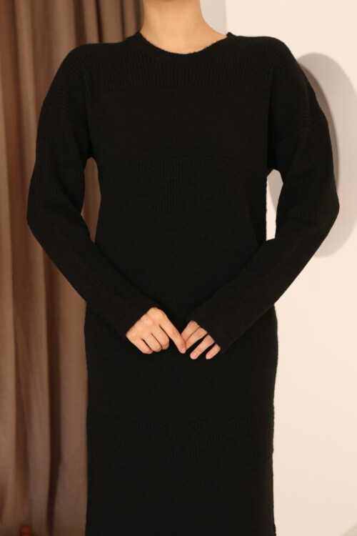 Siyah Uzun Kol Maxi Boy Triko Elbise BCES-253004