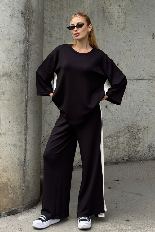 Siyah Yanları Şeritli Yırtmaç Detaylı Yumuşak Dokulu Bluz Ve Pantolon Alt Üst Takım BCVL-25V230