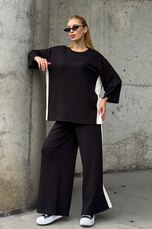 Siyah Yanları Şeritli Yırtmaç Detaylı Yumuşak Dokulu Bluz Ve Pantolon Alt Üst Takım BCVL-25V230