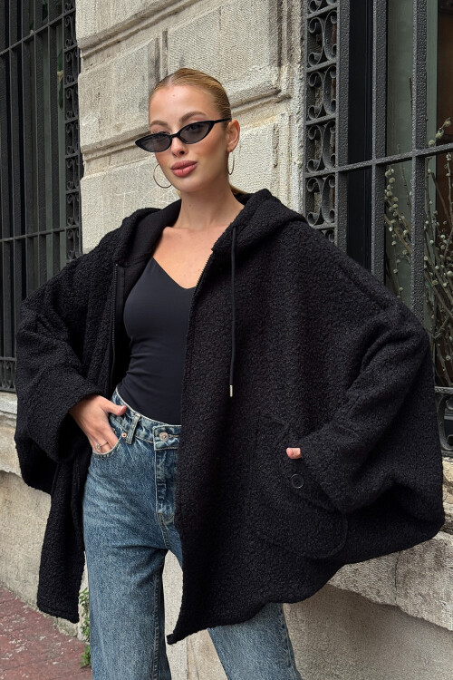 Siyah Yarasa Kol Çift Cepli Oversize Buklet Ceket Mont BCVL-25V601