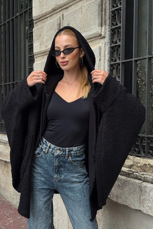 Siyah Yarasa Kol Çift Cepli Oversize Buklet Ceket Mont BCVL-25V601