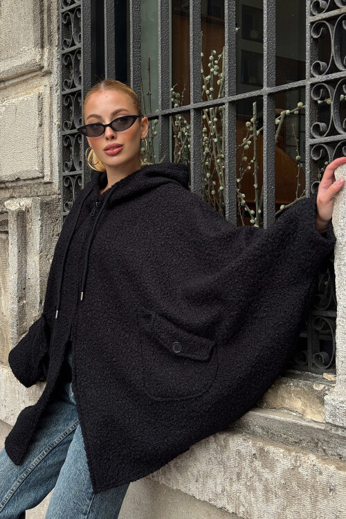 Siyah Yarasa Kol Çift Cepli Oversize Buklet Ceket Mont BCVL-25V601