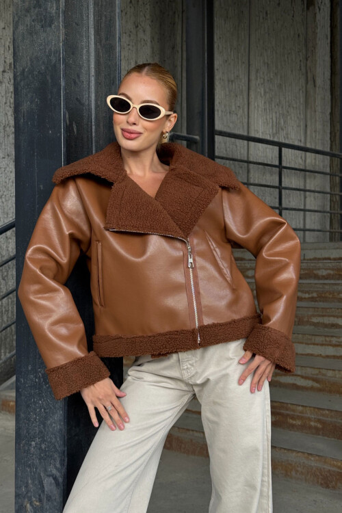 Tarçın Kahve Çift Cepli İçi Suni Kürklü Suni Deri Biker Mont Ceket BCVL-25V700
