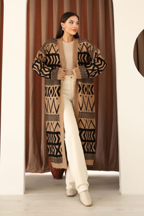 Tarçın Kahve Desenli Saçaklı Uzun Boy Triko Hırka BCES-253001