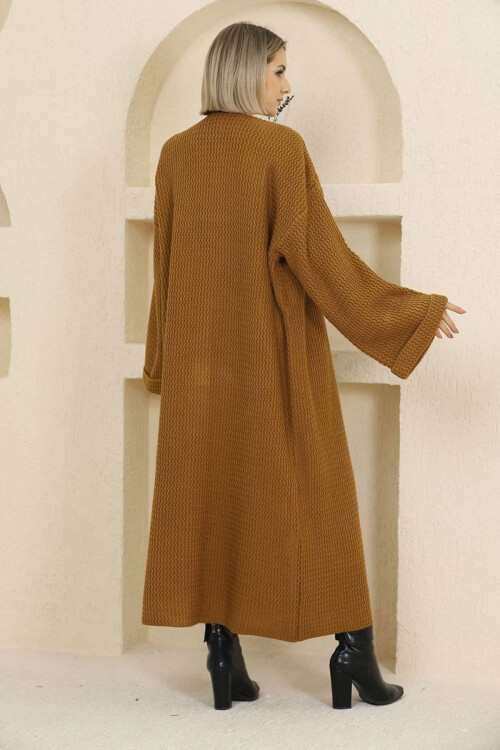 Tarçın Kahve Duble Kol Uzun Tesettür Triko Hırka BCES-253000