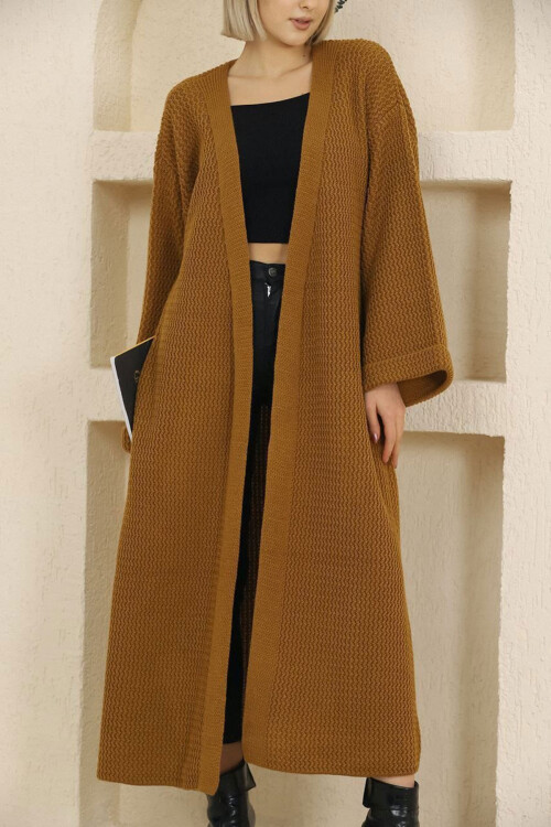 Tarçın Kahve Duble Kol Uzun Tesettür Triko Hırka BCES-253000