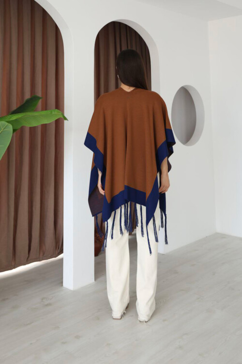 Tarçın Kahve Püsküllü Renk Bloklu Kışlık Triko Şal BCES-253005