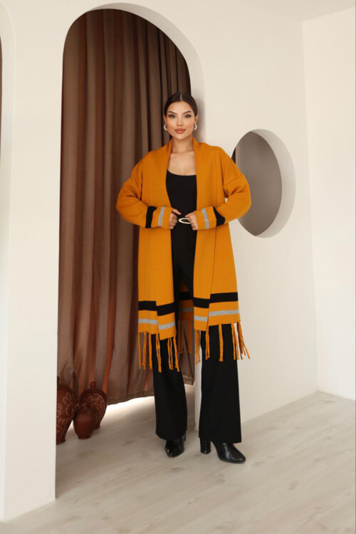 Tarçın Kahve Püsküllü Renk Bloklu Uzun Triko Hırka BCES-253002