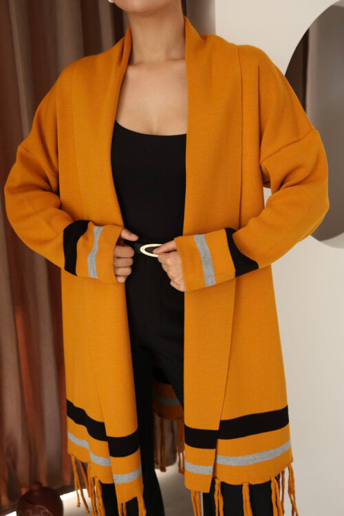 Tarçın Kahve Püsküllü Renk Bloklu Uzun Triko Hırka BCES-253002