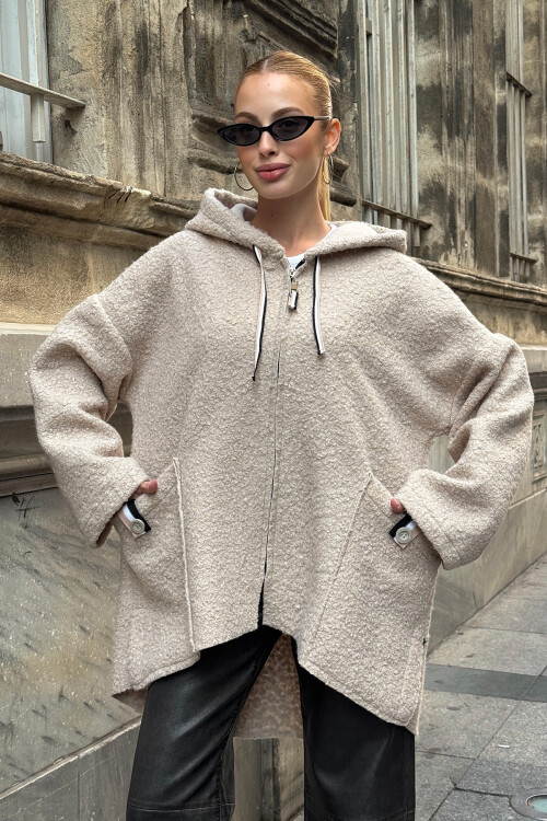 Taş Kapüşonlu Çift Cepli Oversize Buklet Ceket Mont BCVL-25V605