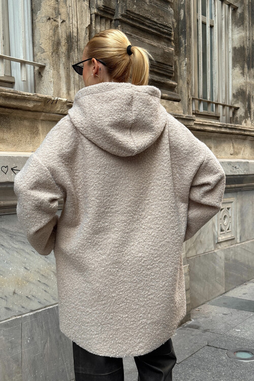 Taş Kapüşonlu Çift Cepli Oversize Buklet Ceket Mont BCVL-25V605