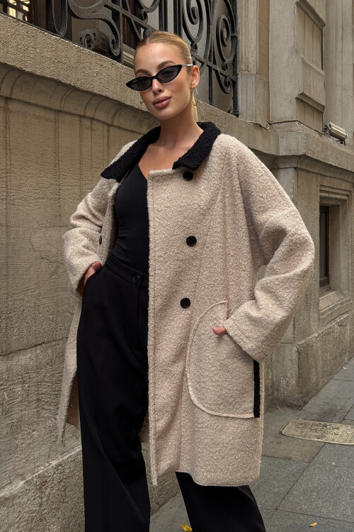 Taş Polo Yaka Çift Cepli Düğme Detaylı Buklet Ceket Kaban BCVL-25V602