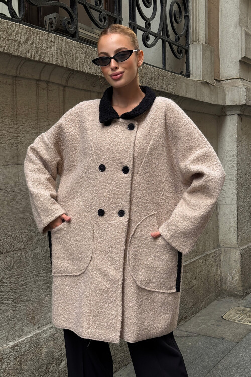 Taş Polo Yaka Çift Cepli Düğme Detaylı Buklet Ceket Kaban BCVL-25V602