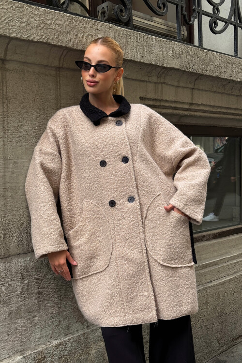 Taş Polo Yaka Çift Cepli Düğme Detaylı Buklet Ceket Kaban BCVL-25V602