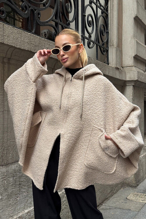 Taş Yarasa Kol Çift Cepli Oversize Buklet Ceket Mont BCVL-25V601