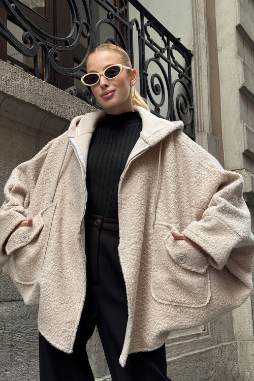 Taş Yarasa Kol Çift Cepli Oversize Buklet Ceket Mont BCVL-25V601