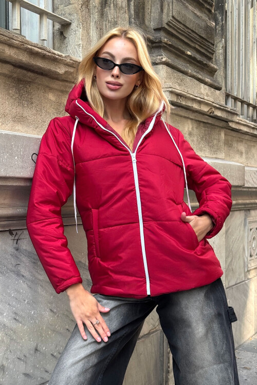 Vişne Kapüşonlu Çift Cepli Mont BCVL-25N115