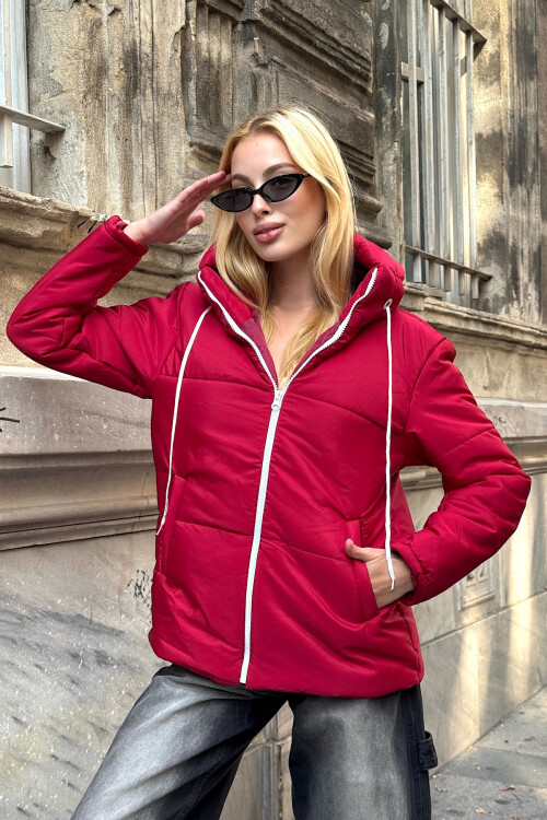 Vişne Kapüşonlu Çift Cepli Mont BCVL-25N115