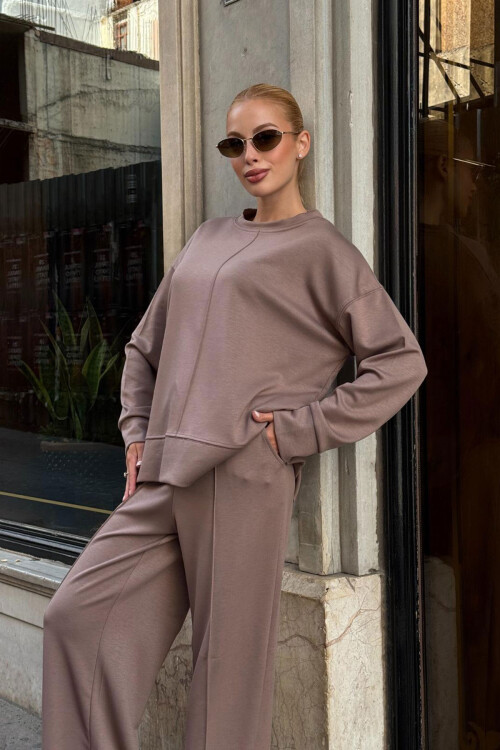 Vizon Bisiklet Yaka Yırtmaç Detaylı Bluz Ve Rahat Kesim Pantolon Modal Alt Üst Takım BCVL-25V215