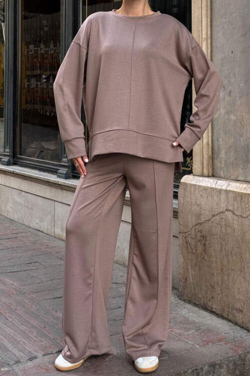 Vizon Bisiklet Yaka Yırtmaç Detaylı Bluz Ve Rahat Kesim Pantolon Modal Alt Üst Takım BCVL-25V215