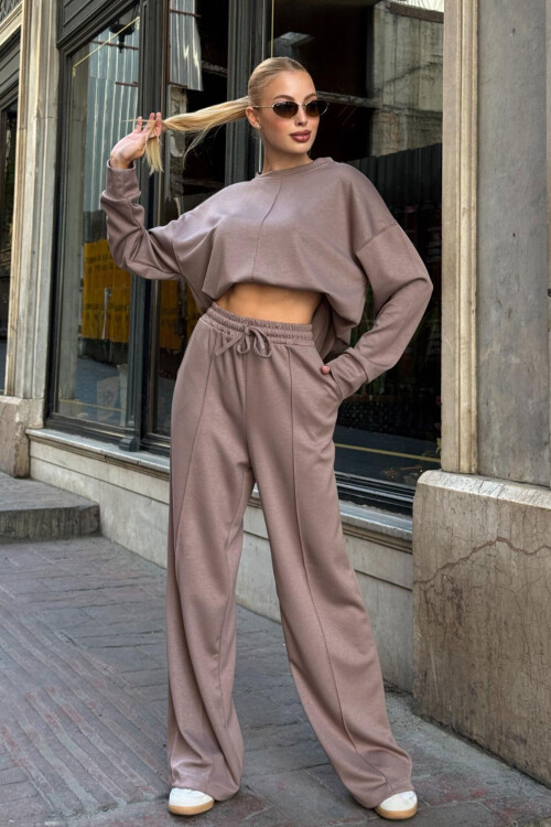 Vizon Bisiklet Yaka Yırtmaç Detaylı Bluz Ve Rahat Kesim Pantolon Modal Alt Üst Takım BCVL-25V215