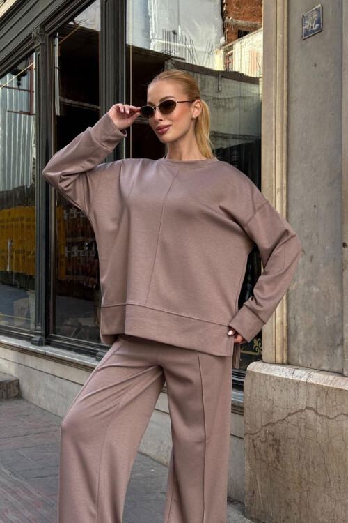 Vizon Bisiklet Yaka Yırtmaç Detaylı Bluz Ve Rahat Kesim Pantolon Modal Alt Üst Takım BCVL-25V215