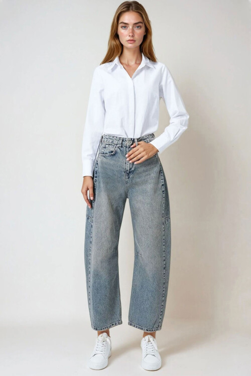 Yeşil Tintli Mavi 5 Cepli Dikiş Detaylı Bol Paça Jean BCHNW-251198