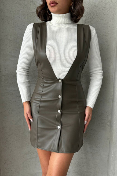Zeytin Düğme Detaylı Suni Deri Jile Elbise BCHN-2526796