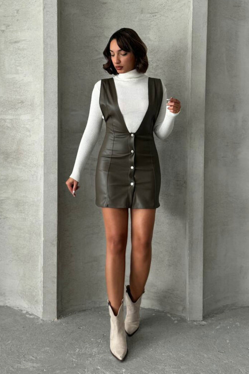 Zeytin Düğme Detaylı Suni Deri Jile Elbise BCHN-2526796