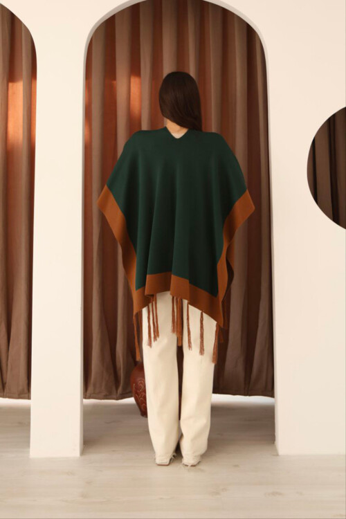 Zümrüt Yeşili Püsküllü Renk Bloklu Kışlık Triko Şal BCES-253005