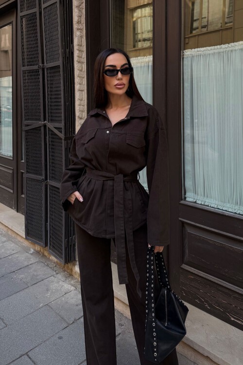 Acı Kahve Beli Kuşaklı Ceket Ve Pantolon Gabardin Takım BCDF-25DF4500