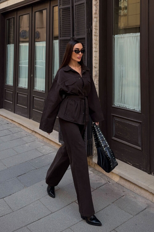 Acı Kahve Beli Kuşaklı Ceket Ve Pantolon Gabardin Takım BCDF-25DF4500