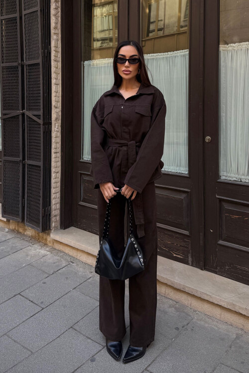 Acı Kahve Beli Kuşaklı Ceket Ve Pantolon Gabardin Takım BCDF-25DF4500