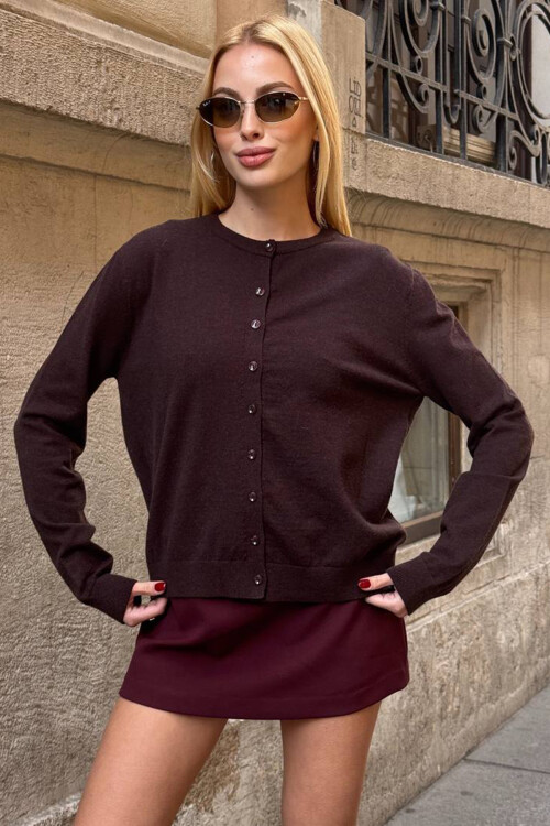 Acı Kahve Bisiklet Yaka Düğmeli Triko Hırka BCHZCK-251267