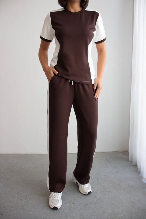 Acı Kahve Blok Detaylı Yumuşak Dokulu Modal Kumaş Alt Üst Takım