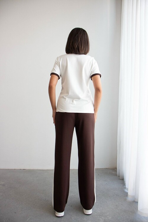 Acı Kahve Blok Detaylı Yumuşak Dokulu Modal Kumaş Alt Üst Takım