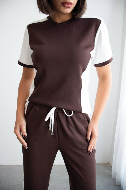 Acı Kahve Blok Detaylı Yumuşak Dokulu Modal Kumaş Alt Üst Takım