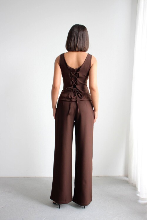 Acı Kahve Brit Detaylı Kare Yaka Crep Bluz Ve Pantolon Alt Üst Takım