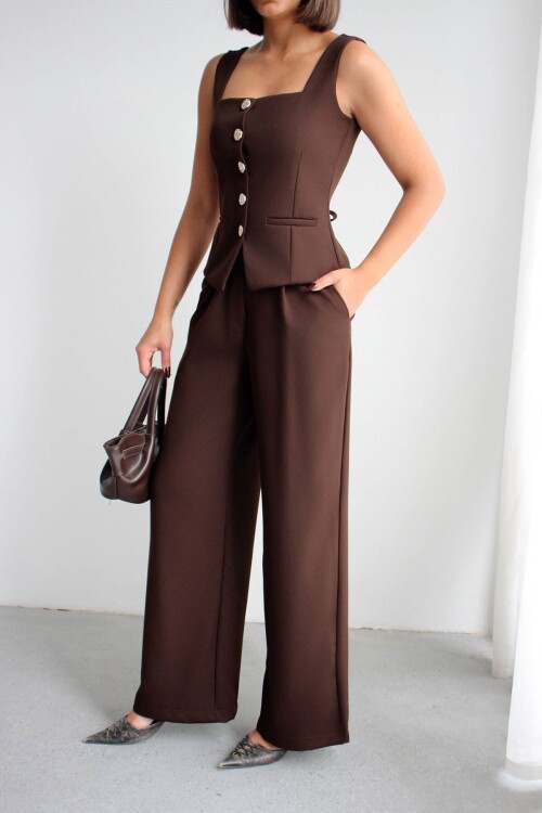 Acı Kahve Brit Detaylı Kare Yaka Crep Bluz Ve Pantolon Alt Üst Takım