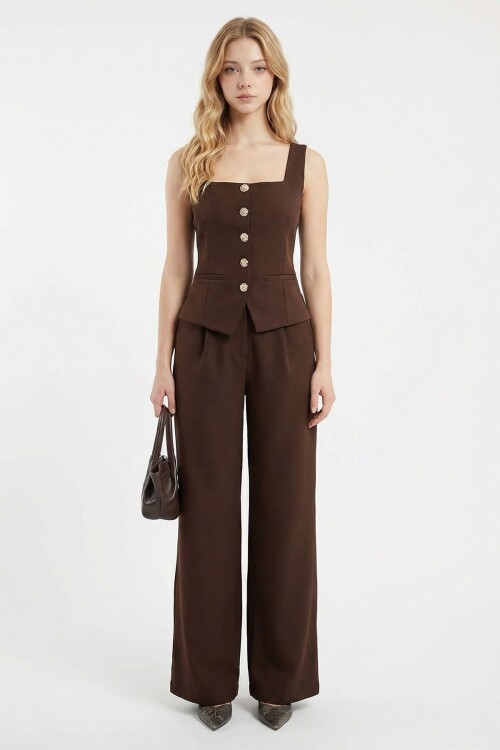 Acı Kahve Brit Detaylı Kare Yaka Crep Bluz Ve Pantolon Alt Üst Takım