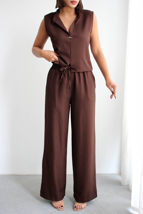 Acı Kahve Hakim Yaka Bluz Ve Beli Lastikli Dokuma Pantolon Alt Üst Takım